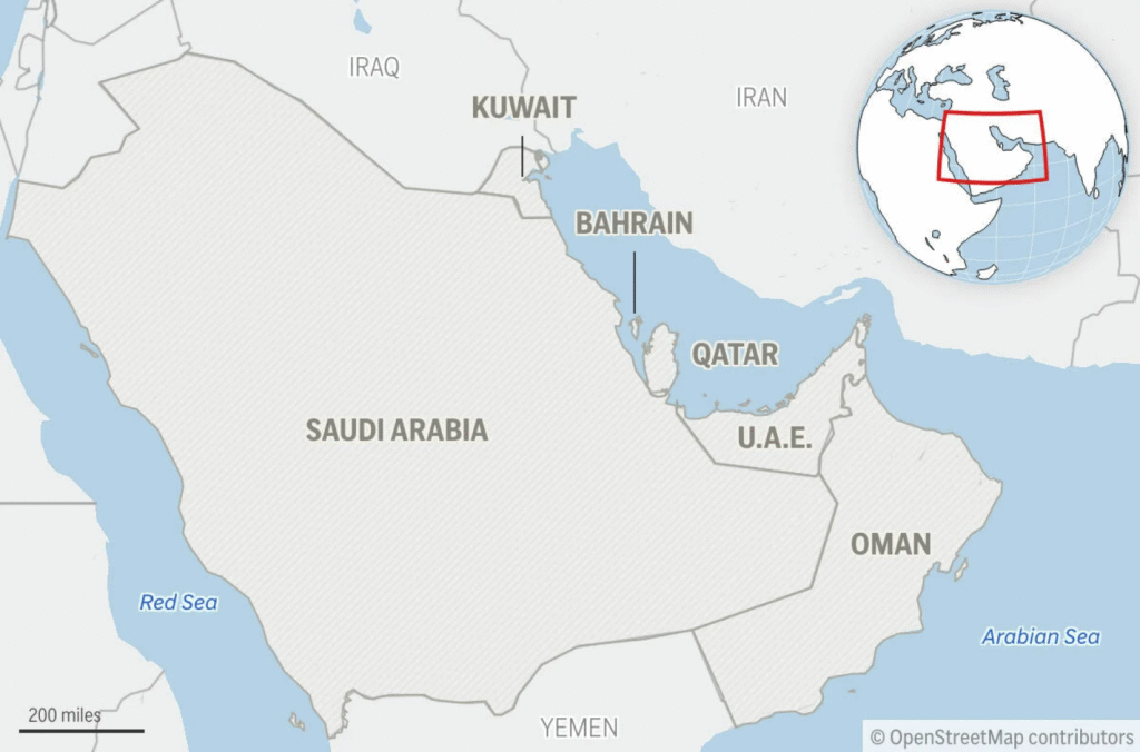 Este es un mapa de ubicación de los estados miembros del Consejo de Cooperación del Golfo: Arabia Saudita, Baréin, Catar, Omán, Kuwait y Emiratos Árabes Unidos. (Foto AP)