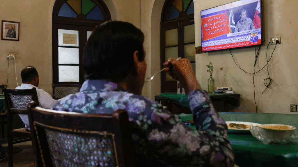 La gente mira una conferencia de prensa televisada por Ahmed Sharif Chaudhry, Director General del ala de Relaciones Públicas Interservicios de las Fuerzas Armadas de Pakistán, en Karachi, Pakistán, el 10 de octubre de 2025. REUTERS TTP