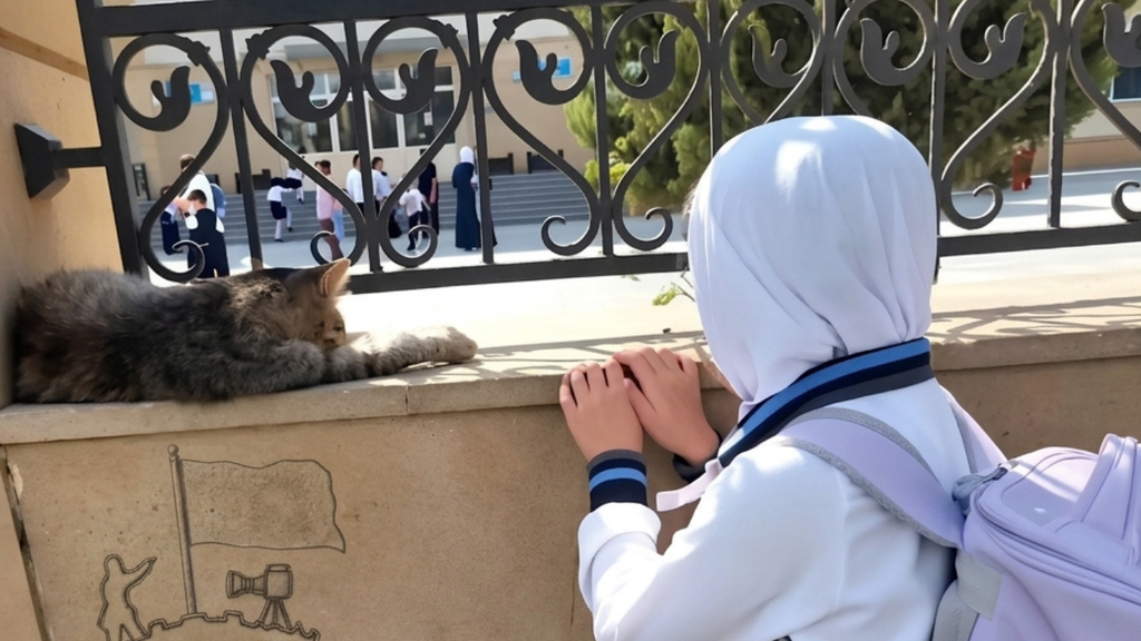 Una alumna azerbaiyana con hijab observa desde el exterior de la escuela después de que le prohibieran la entrada por llevarlo.